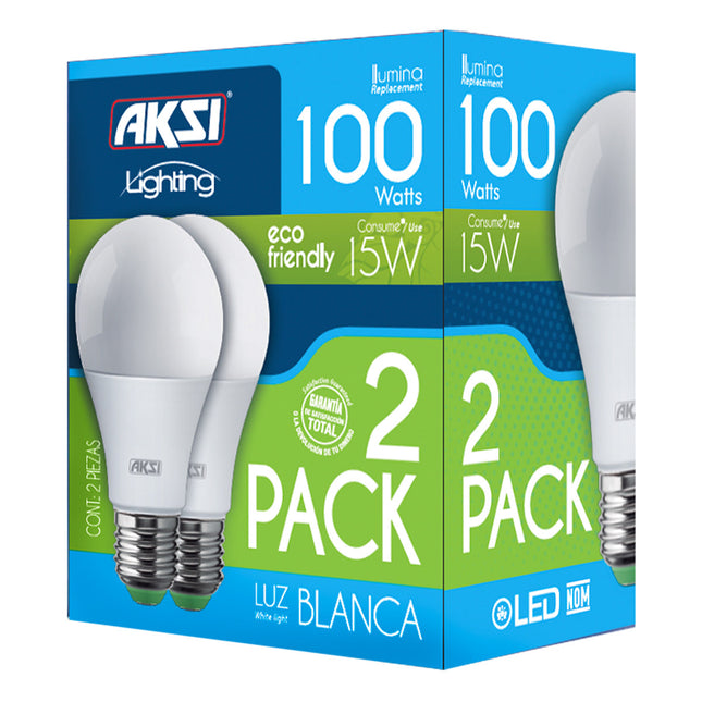 Pack de 2 focos LED Aksi 15W ECO A19 Base E27 Luz Blanca