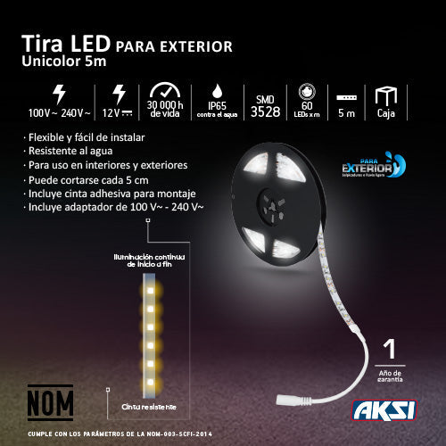 Tira LED Aksi 6.5W para Exterior IPX6 5m Luz Cálida