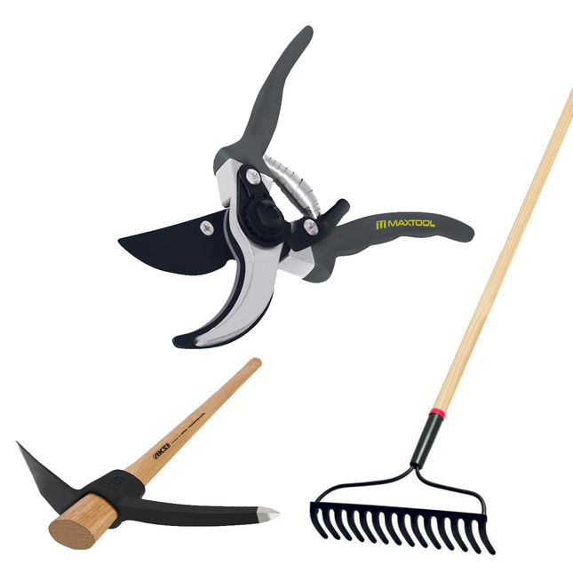 Kit Rastrillo jardinero + Zapapico + Tijera para Jardinería y Floricultura